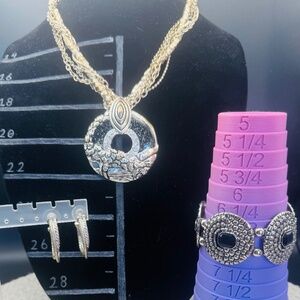 3 Piece Black Glitter Pendant Necklace, Bracelet, And Hoop Earrings Set